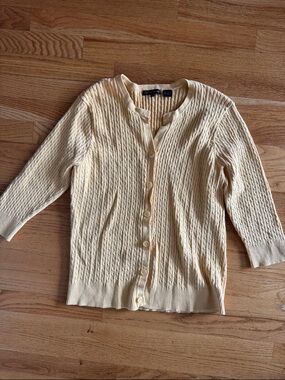 JEANNE PIERRE 100% Cotton Pale Yellow Cable Knit Button-Front Cardigan